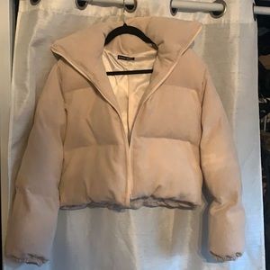 Baby pink corduroy cropped puffer jacket